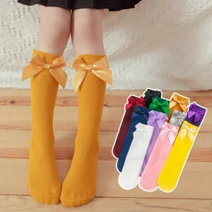 Children’s Girls’ Casual Crew Socks Spring Knitted Cotton Blend Candy Color Straight Bow Princess Knee High Slouch