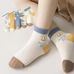 Children’s Lightweight Cotton Air Mesh Socks Seamless Mid Crew with Cute Fruit Cartoon Pattern Thin Thickness Knitted Technics