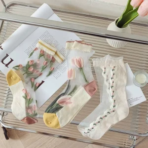 Children’s Mid calf Socks Spring and Summer Thin Style Girls’ Tulip Women’s Crystal Socks