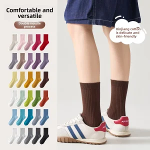 Childrens Socks Autumn Solid Color Mid Calf Double Needle Simple All Match Cotton Breathable Standard Thickness Candy Colors