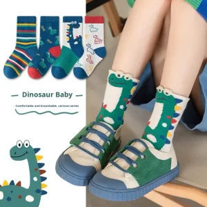 Children’s Socks Boys Mid Calf Cartoon Dinosaur Trendy Polyester Blended One Size Fits All Baby Boys Big Kids