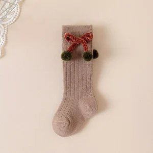 Children’s Socks Mid-Calf Socks Solid Color Pom-Pom Bow Cute Socks