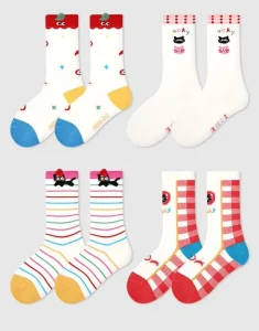 Children’s Socks Spring Rainbow Striped Mid-calf Socks Boneless Cute Cat Girls Cotton Socks