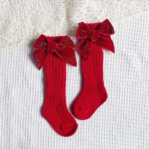Children’s Socks for Autumn and Winter Cotton Velvet Fabric Big Bow Yarn One Size Plain Long Tube