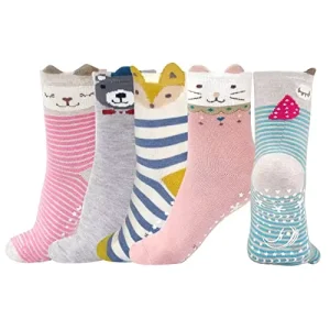 Children’s Stopper Socks Cotton ABS Anti-slip Eco-Friendly Knitted Socks Colorful Animal Patterns for 2-14 Years 5 Pairs