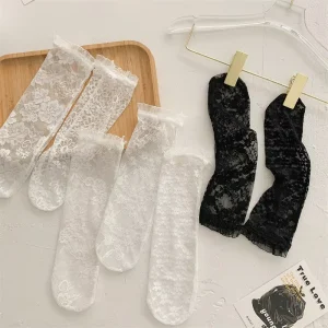 Children’s Summer Socks Ultra Thin Korean Style Girls Sweet Lace Mid Tube Hollow Mesh Breathable Anti Mosquito Air Conditioning