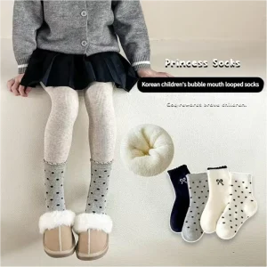 China Manufacturers Breathable Wear Resistant Solid Color Bow Dot Children Winter Warm Socks for Children