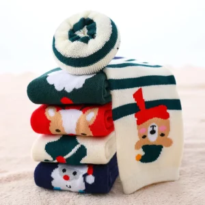 Christmas Cartoon Crew Socks for Boys Girls Winter Red New Year Warm Thick Terry Knitted Breathable Sporty Socks for Children