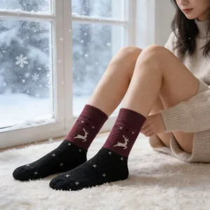 Christmas Reindeer Print Crew Socks Full Terry Rabbit Wool Blend Mid Weight Socks Warm Thermal Festive Winter Socks