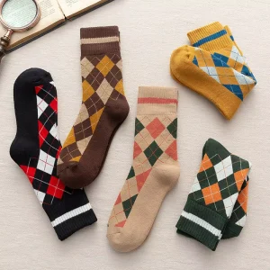 Classic Women’s Mid Tube Sports Socks Thick Warm Rhombus Design for Winter Autumn Casual Use Anti Bacterial Feature High Crew