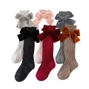 Cmax Baby Girls Knee High Socks Kids Cotton Big Bow Socks Solid Leg Warmers Princess Girls Toddler Soft Long Socks for Children