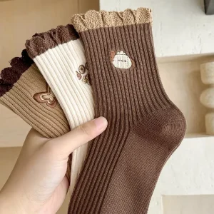 Coffee-colored Mid-calf Cotton Socks for Women in Autumn and Winter Cute Lace Embroidery Retro Small Flower Women’s Socks