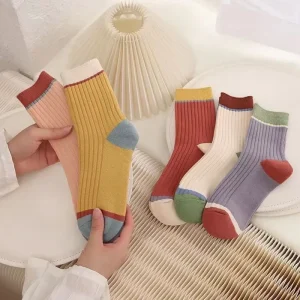 Colorful Candy Women’s Socks Mid-calf Autumn Winter Breathable Sweat-Absorbing Vertical Striped Socks