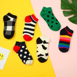 Colorful Irregularly Shaped Ankle Socks Checked Striped Polka Dots Black and White Cow Cat Pattern for Unisex