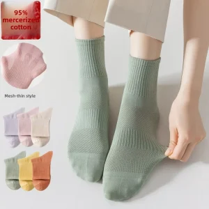 Combed Cotton Mid-Calf Seamless Casual Printed Socks Pure Cotton Spring Summer Mesh Thin Solid Color Womens Antibacterial