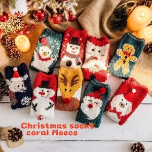 Coral Fleece Christmas Women’s Autumn Winter New Socks Thickened Crew Floor Floral Three dimensional Anti Bacterial Socks