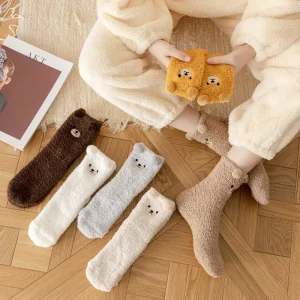 Coral Fleece Cute Bear Ear Breathable Women’s Winter Thickened Plush Warm Sleep Socks Fluffy Slipper