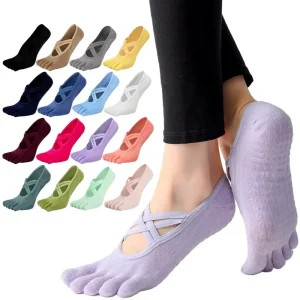 Cotton Ankle Knitted Breathable Sports Outdoor Fitness 5 Finger Pilates Women’s Non-Slip Yoga Socks with PVC Silicon Soles
