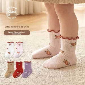Cotton Crew Socks for Infants & Toddlers Breathable Cute Jacquard Candy Pattern Ruffled Lace Trim Loose Fit Won’t Dig