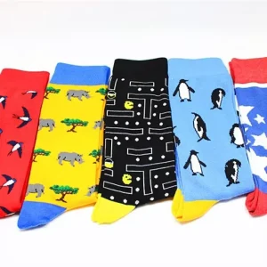 Cotton Men’s Crew Socks Breathable Jacquard Cartoon Penguin Panda Animals Pattern Casual Style Customizable