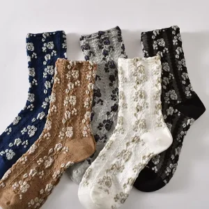 Cotton Socks Autumn Winter Floral Over Knee Women’s Ins Single Needle Weave Socks