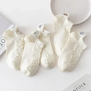 Cotton Socks Baby-sized Embroidered Beige Socks Children’s Cute Cartoon Boat Socks Solid-colored Short Socks