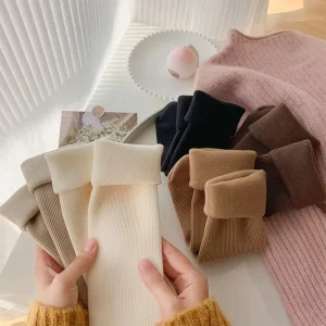 Cozy Fleece Lined Winter Socks Thick Warm Soft Earth Tones Polyester Elastane Knitted Solid Color for Cold Socks