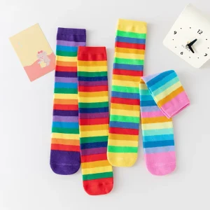 Cross Border Rainbow Striped Mid Tube Knee Socks Children’s Autumn Winter Crew Length Calf Socks Body Logo Party Performances