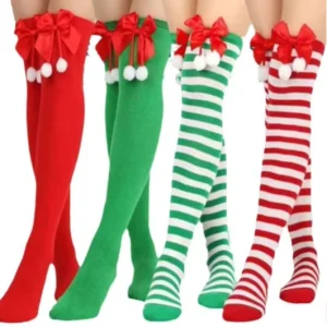 Cross-border Bow Christmas Over-knee Socks Women’s Long European American Style Holiday Striped Stockings Knitted