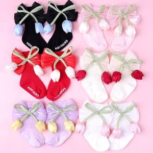 Cross-border Exclusive Baby Children’s Knitted Socks Three-dimensional Flower Bow Decoration Mid-calf Princess Design Needle