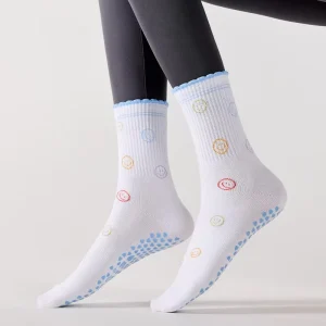 Cross border Spring Yoga Socks Women’s Mid calf Non slip 75% Cotton Milk Tea Embroidery Professional Training Running Socks
