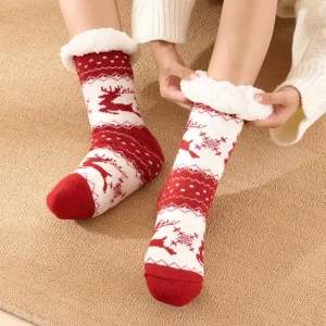 Cross border Women’s Winter Velvet Snow Floor Socks Sleep Carpet Slippers Character Pattern Acrylic Fiber Crew Length