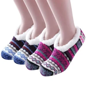 Cuff Leopard Soft Thick Warm Cozy Fuzzy Fleece Lined Grippers Thermal Ankle Winter Daily Socks Slippers