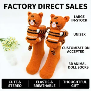 Custom 3D Orange Cat Crew Socks Unisex Cute Knitted Animal Doll Spandex Polyester Soft Warm Breathable High Elasticity Winter