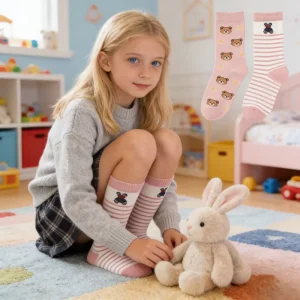 Custom 3pc Pack of Cute Bear Animal Print Knitted Breathable Children’s Girls’ Socks for Spring and Autumn