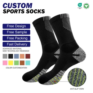 Custom Advanced Material New Technology Redesign Breathable Eco Friendly Anti Slip Crew Woven Cuff Spring Bottom Sport Socks