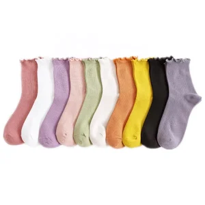 Custom Bamboo Cotton Crew Socks Solid Color Cute Girls Ruffle Crew Socks Women Daily Cotton Women Floral Ruffle Socks