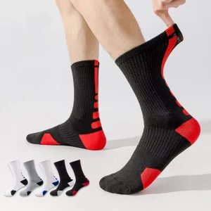 Custom Black Red Athletic Basketball Crew Sports Outdoor Soccer Socks for Men Women Youth Thick Cushioned Knitted Design Spring