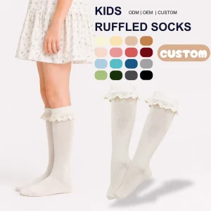Custom Breathable Soft Comfortable Solid Color Lace Frill Knee High Socks for Kids Girls