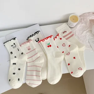 Custom Cartoon Embroidery Women’s Cotton Socks Cute Frill Student Sweet High Quality Fashion Stacking Socks