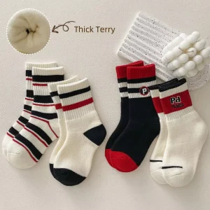Custom Cartoon Thick Terry Winter Crew Socks for Unisex Children Funny Sporty Cotton Cuff Anti Slip