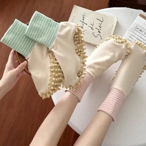 Custom Color Striped Rib Cuff Plush Pom Pom Dot Women Socks Thick Warm Cozy Non slip Indoor Lounge Floor Socks