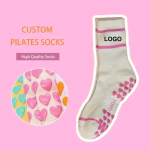 Custom Colorful Pink Women’s Gym Non Slip Grip Terry Heart Logo Ribbon Bowknot Embroidered Ruffle Yoga Pilates Logo Socks