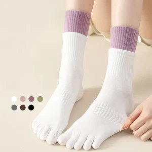 Custom Cotton Two Tone Double-layer Cuff Mid Tube Socks Women Breathable Five Toe Sports Socks