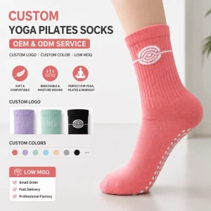 Custom Crew Socks Low MOQ Jacquard Process 100% Cotton Anti Slip Grip Yoga Pilates Fitness Studio Home Workout OEM ODM