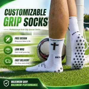 Custom Cross Logo Anti Slip Soccer Socks Non Slip Grip Breathable Sports Football Training Crew Socks Mens