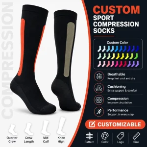 Custom Design Black Compression Socks for Men Nylon Spandex Polyester Firm Support Knee High Socks for Soccer