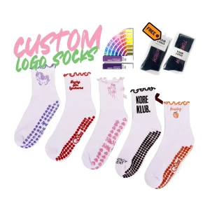 Custom Design Logo Text Embroidery Letter Grip Socks for Women Anti-Slip Ruffle Top Yoga Pilates Indoor Workout Socks