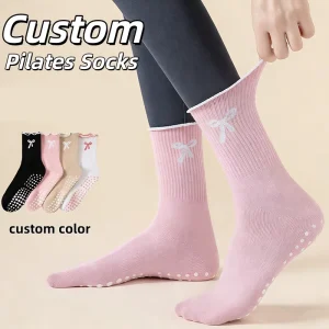 Custom Embroidery Jacquard Logo Anti slip Grip Ruffled Edge Pilates Crew Socks