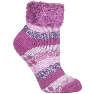 Custom Fashion Pink Striped Womens Fluffy Turnover Cuff Thermal Slipper Lounge Bed Socks With Non Slip Grip Socks